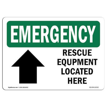 Signmission OSHA Emergency Sign, 12" H, Aluminum, Rescue Equipment Located Here, Landscape, EM-A-1218-L-10350 OS-EM-A-1218-L-10350